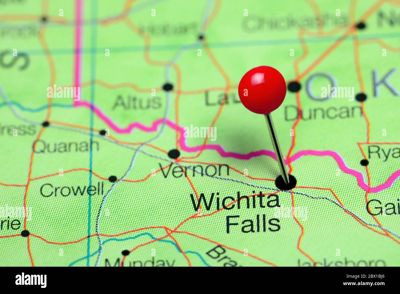 Wichita Falls pinned on a map of Texas, USA Stock Photo