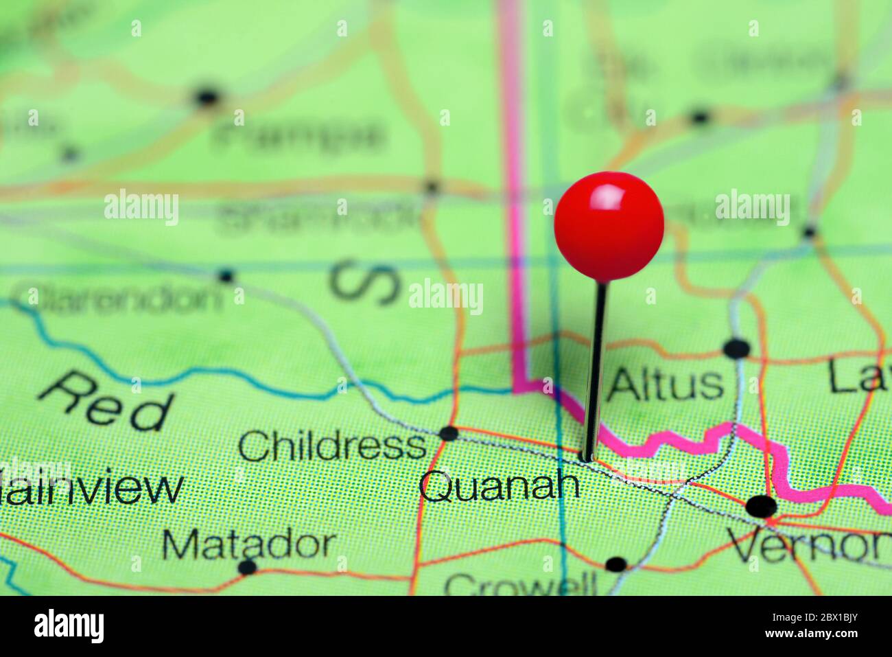 Quanah pinned on a map of Texas, USA Stock Photo