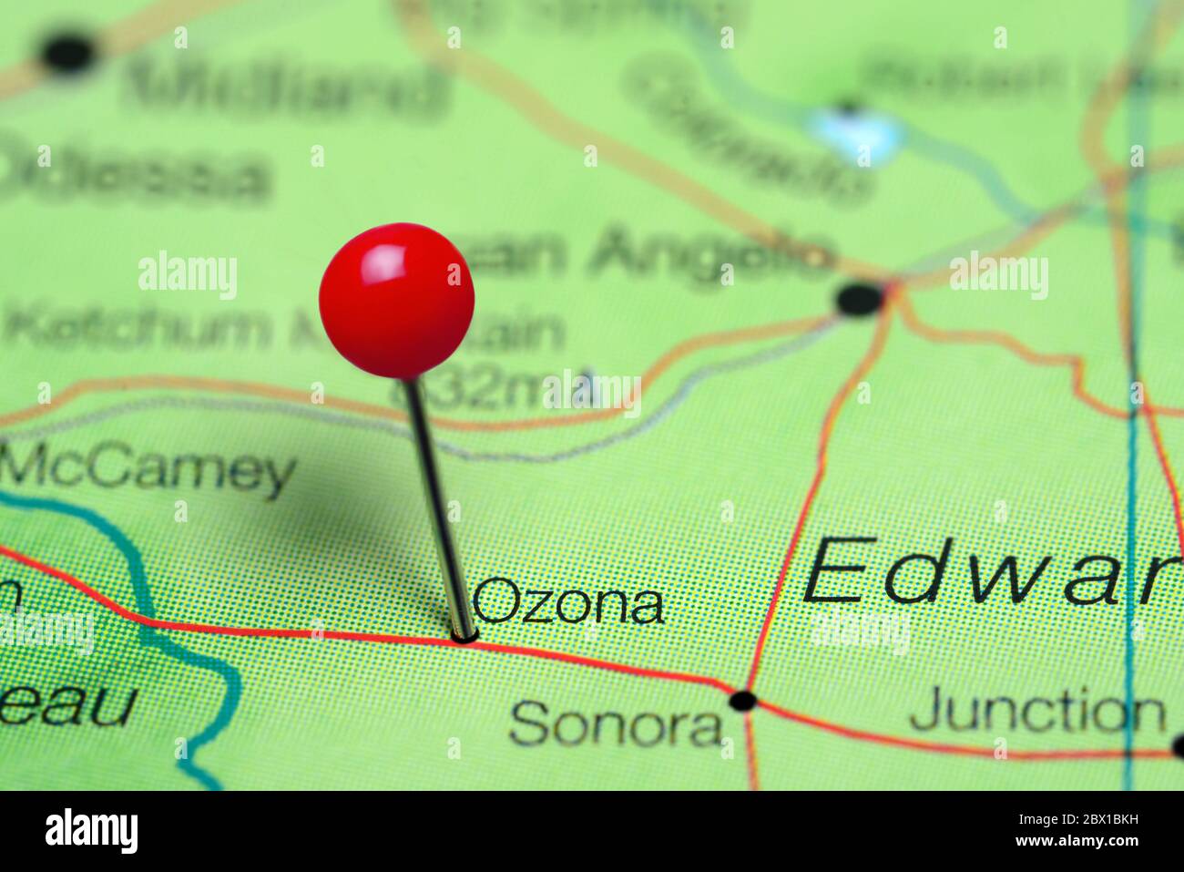 Ozona pinned on a map of Texas, USA Stock Photo