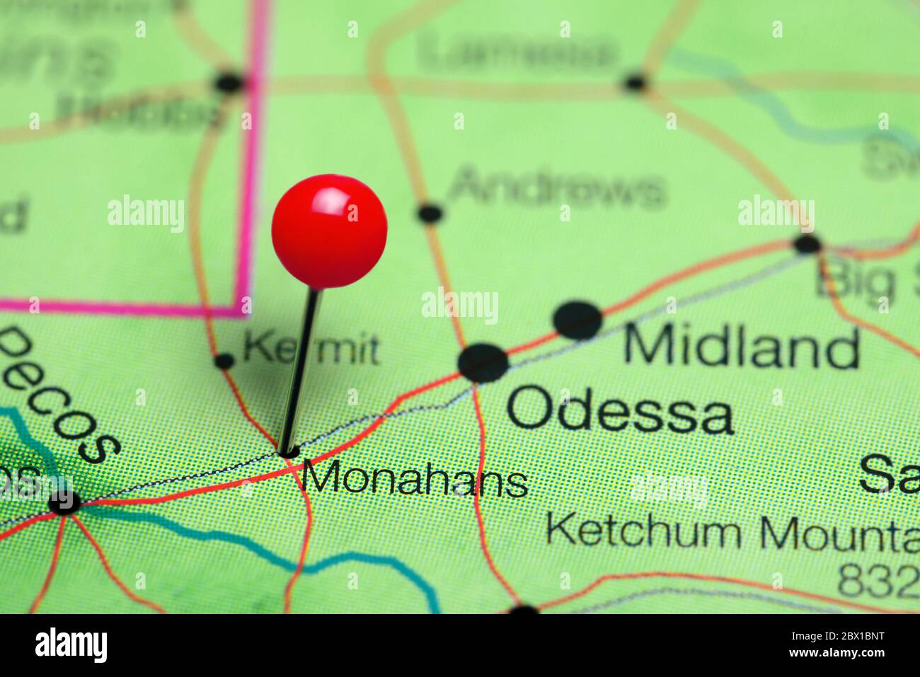 Monahans pinned on a map of Texas, USA Stock Photo