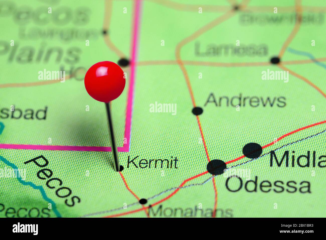 Kermit pinned on a map of Texas, USA Stock Photo