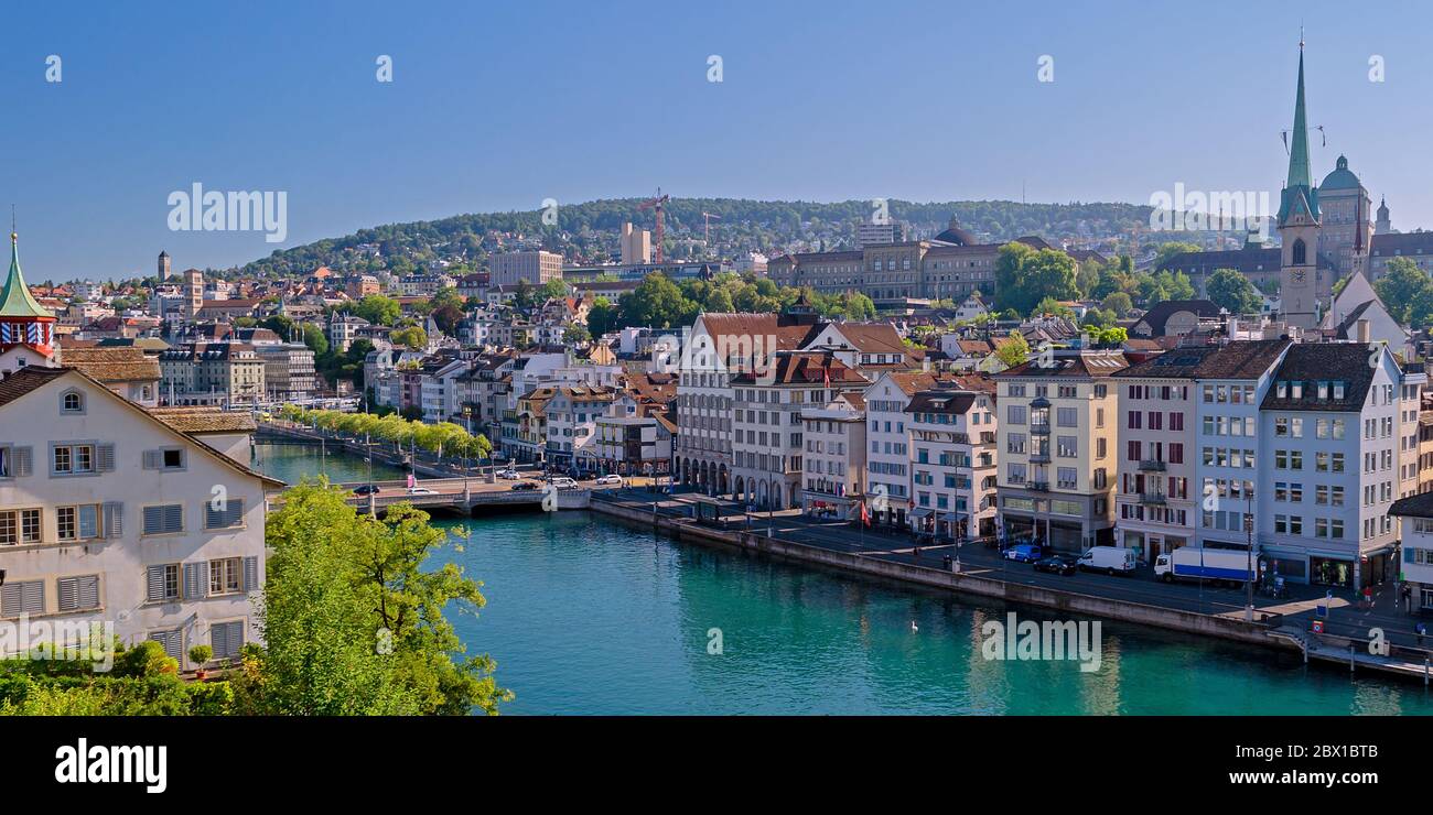 Swiss Travel Scene of Zurich with the Limmat River and old town architecture Stock Photo