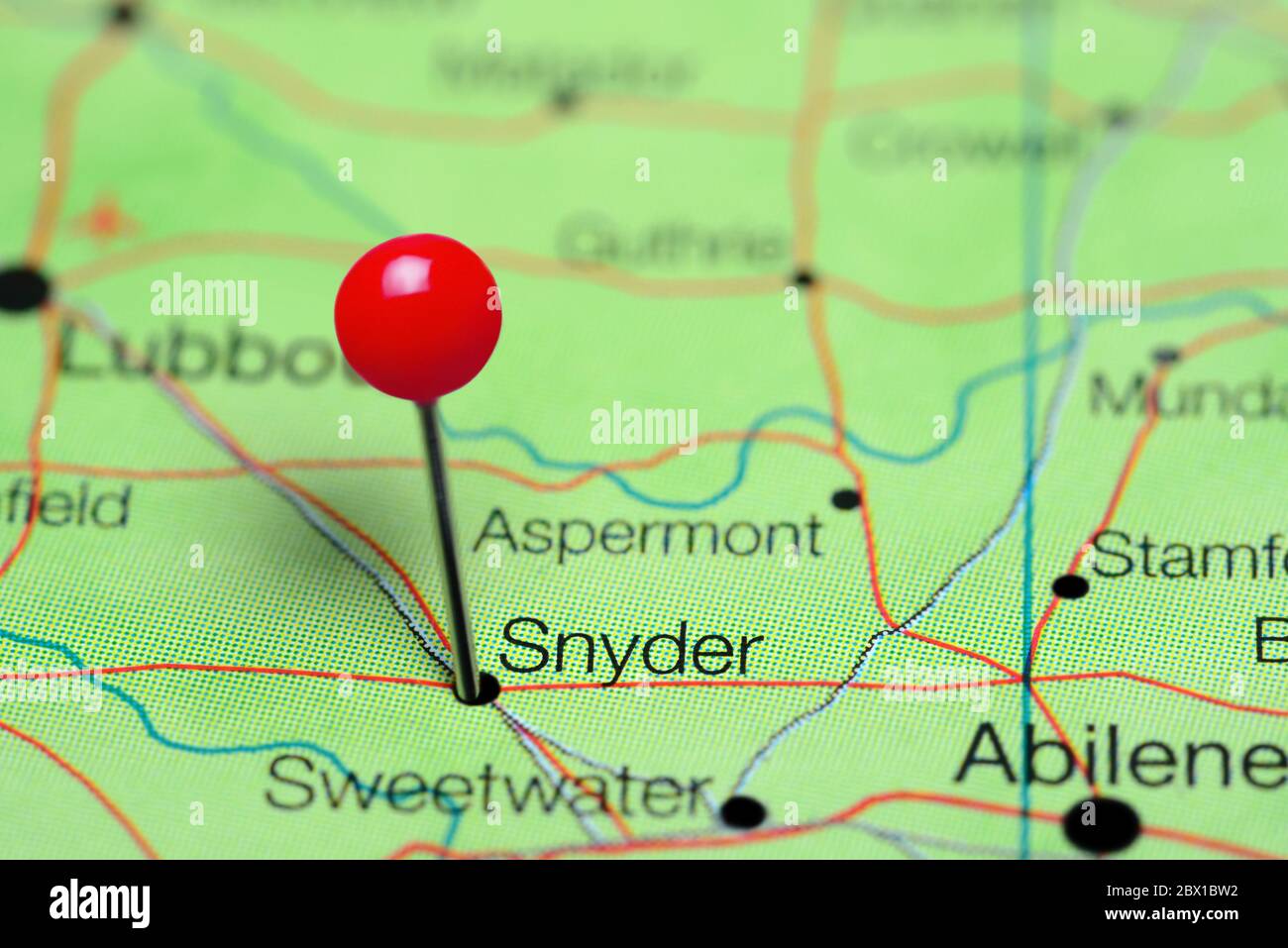 Snyder pinned on a map of Texas, USA Stock Photo