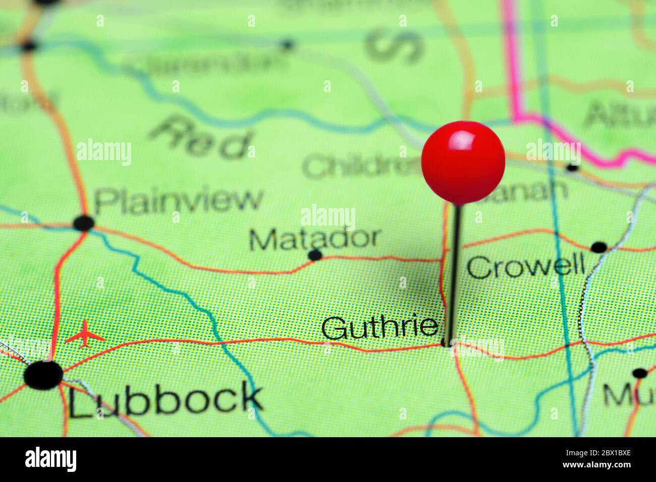 Guthries pinned on a map of Texas, USA Stock Photo