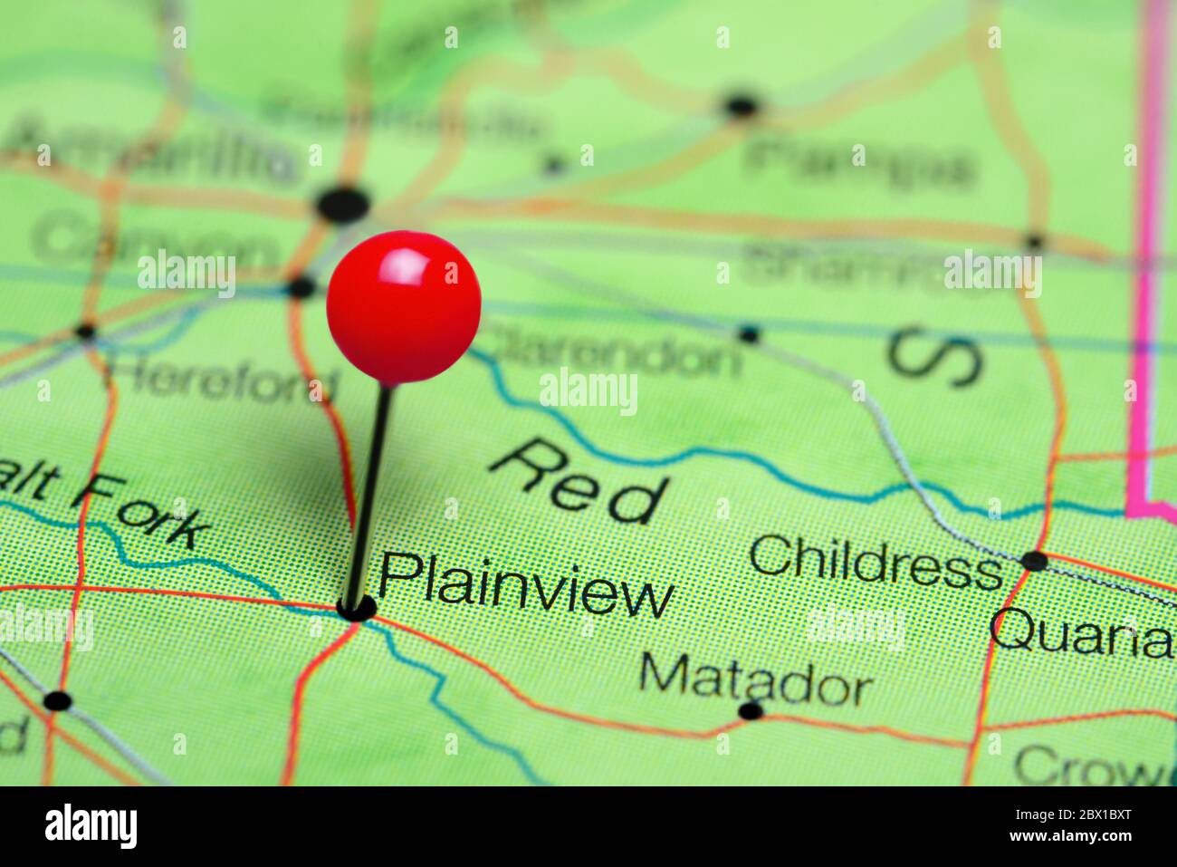 Plainview pinned on a map of Texas, USA Stock Photo