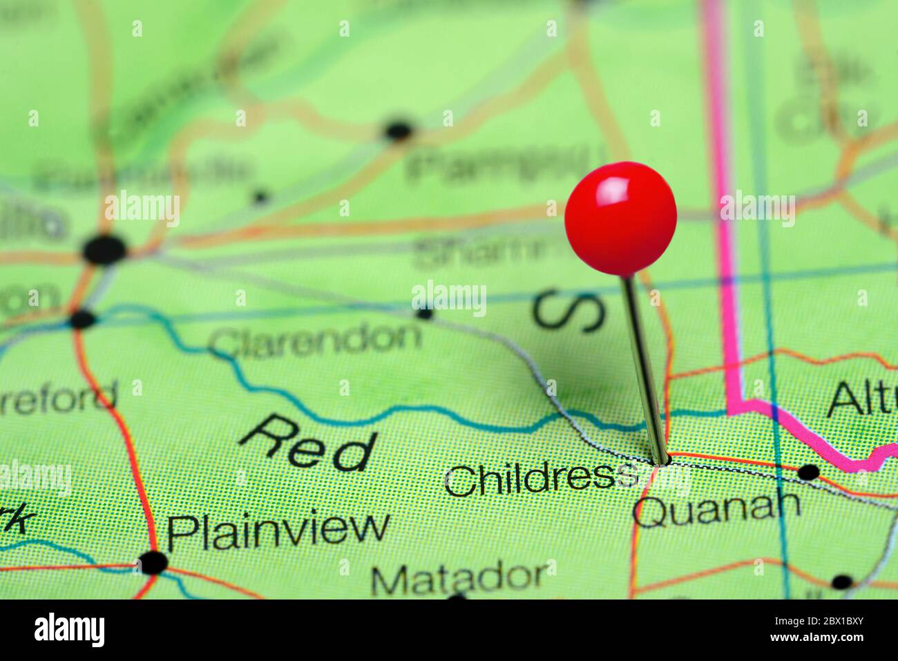 Childress pinned on a map of Texas, USA Stock Photo