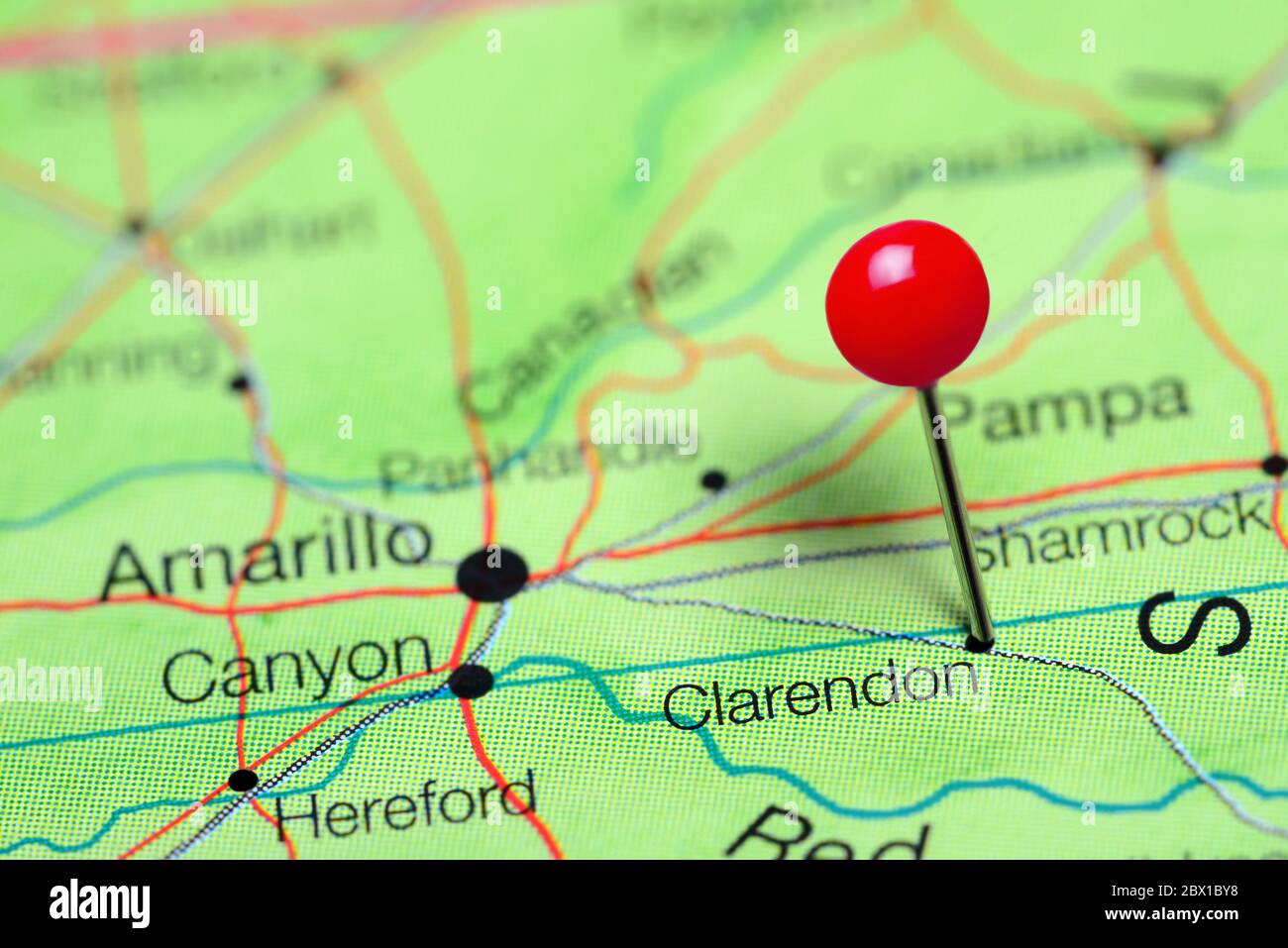 Clarendon pinned on a map of Texas, USA Stock Photo