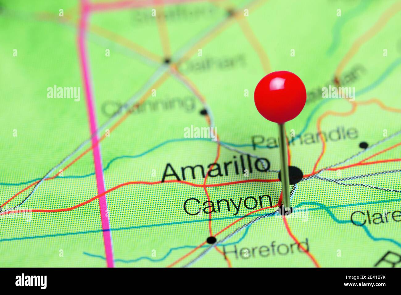 Canyon pinned on a map of Texas, USA Stock Photo