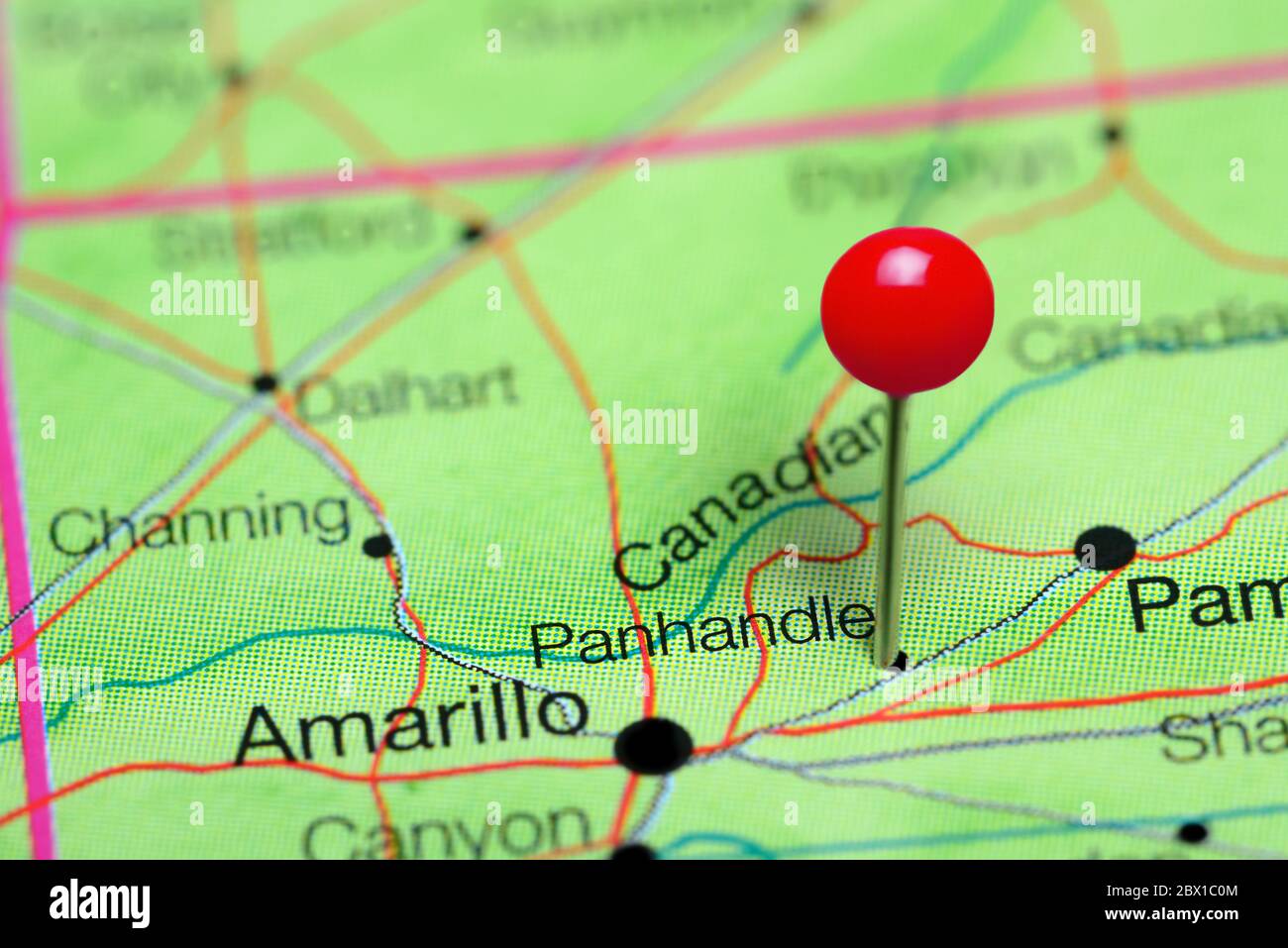 Panhandle pinned on a map of Texas, USA Stock Photo