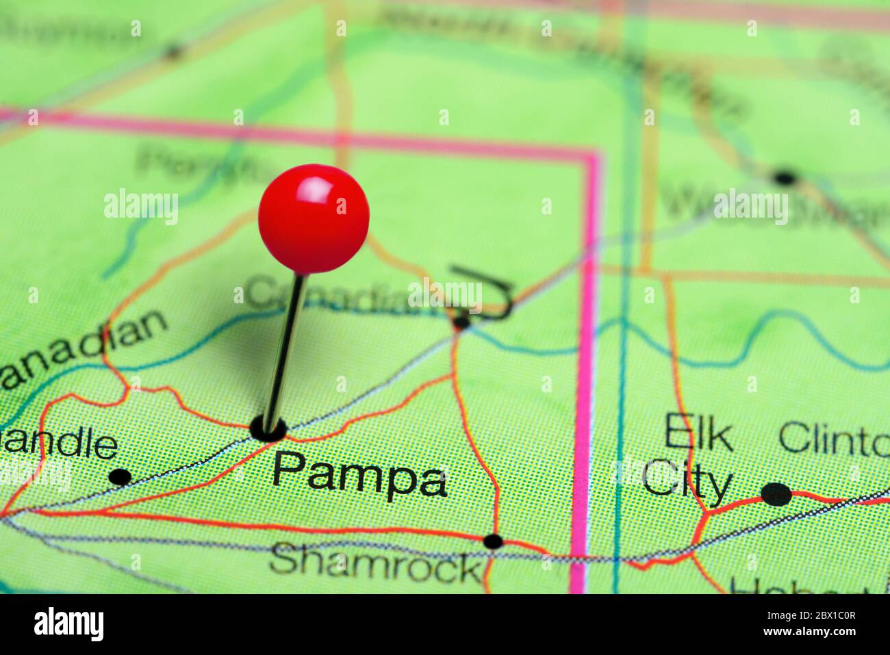 Pampa pinned on a map of Texas, USA Stock Photo