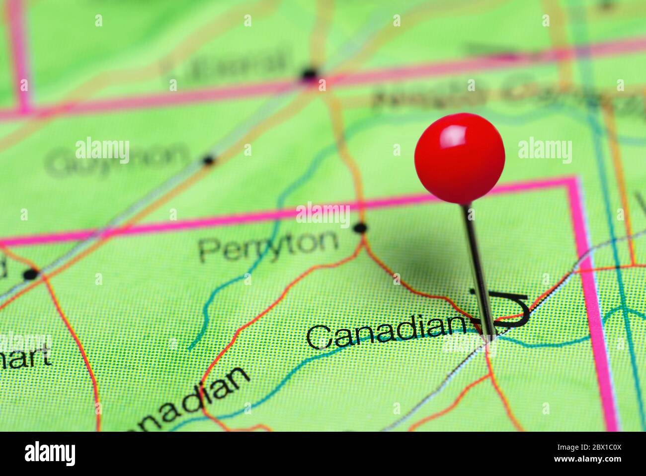 Canadian pinned on a map of Texas, USA Stock Photo