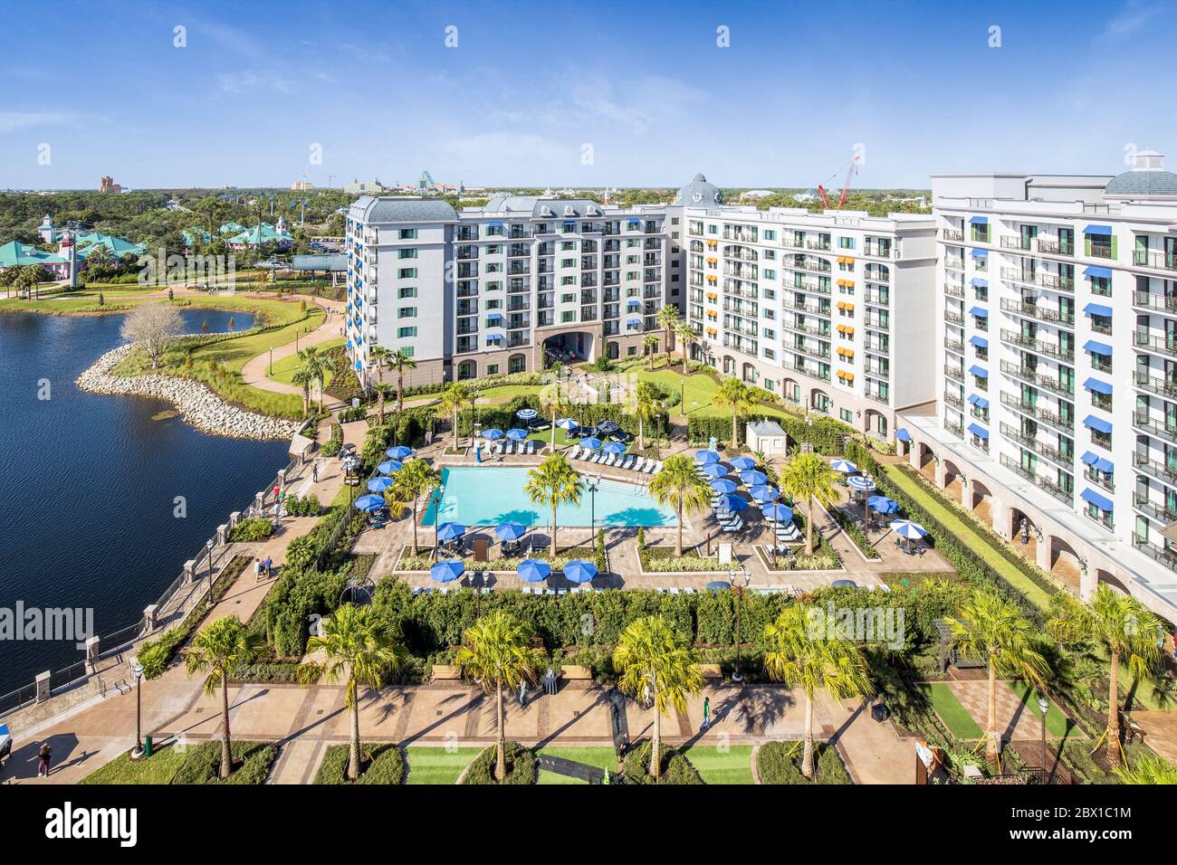 Aerial / drone view of Disney's Riviera Resort. The resort opened in Fall 2019 and within walking distance to Disney's new Skyliner Transportation. Stock Photo