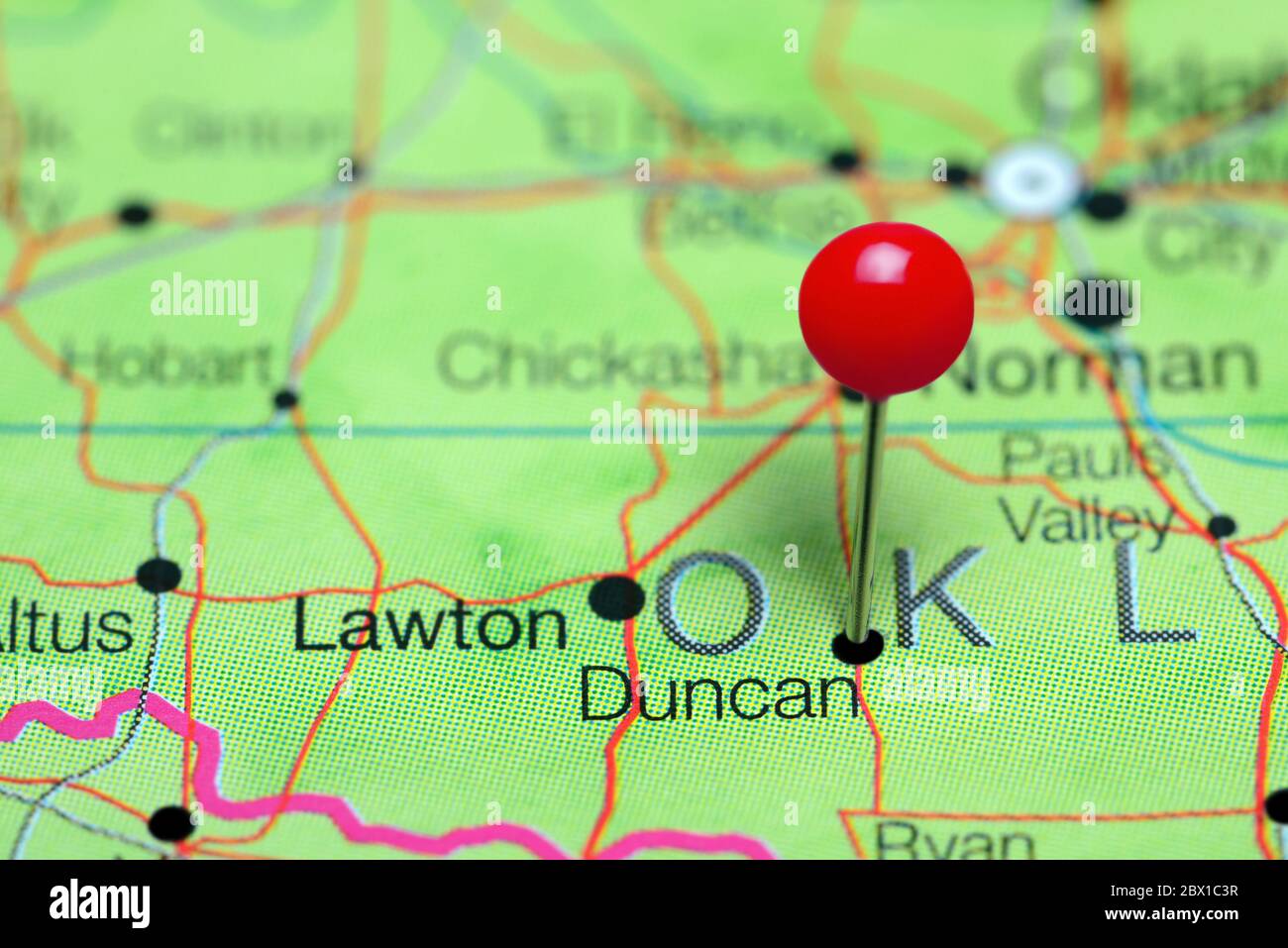 Duncan pinned on a map of Oklahoma, USA Stock Photo