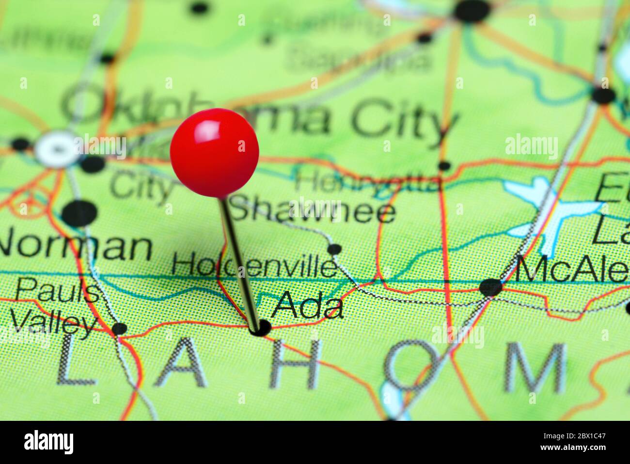 Ada pinned on a map of Oklahoma, USA Stock Photo