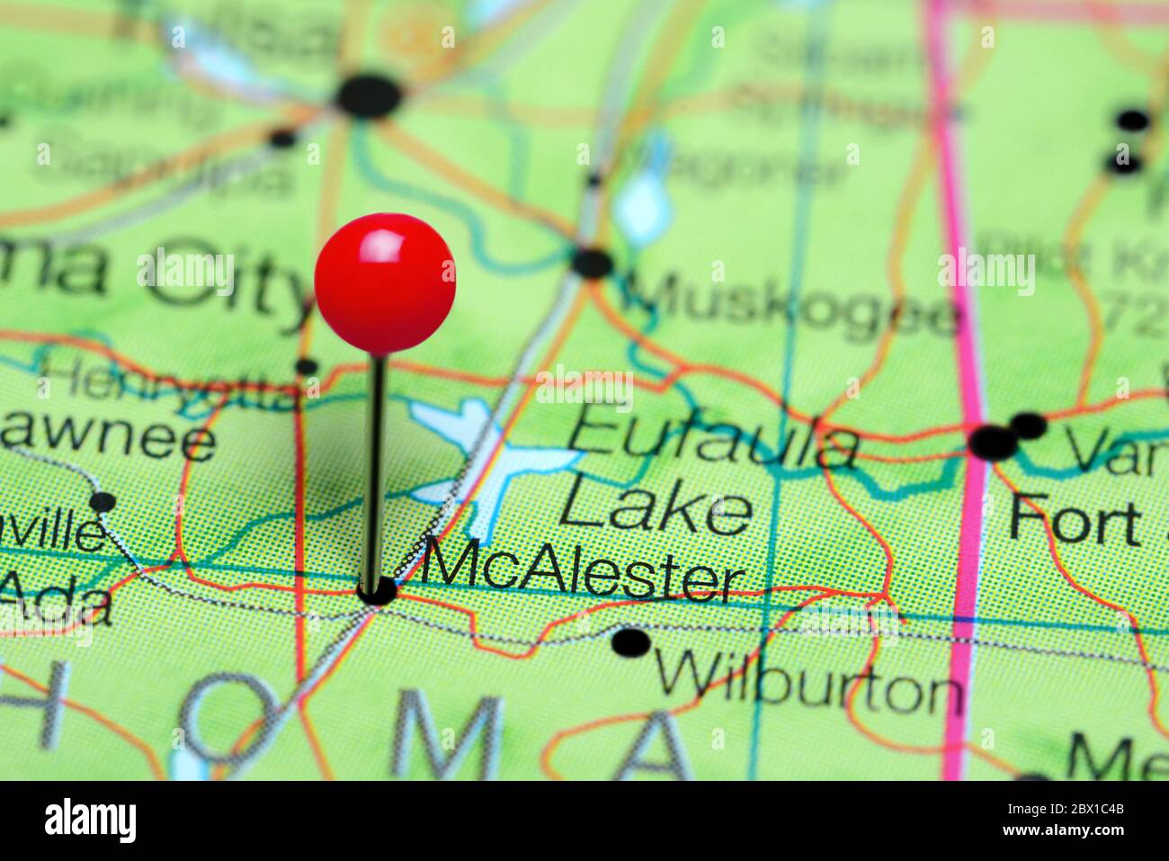 McAlester pinned on a map of Oklahoma, USA Stock Photo