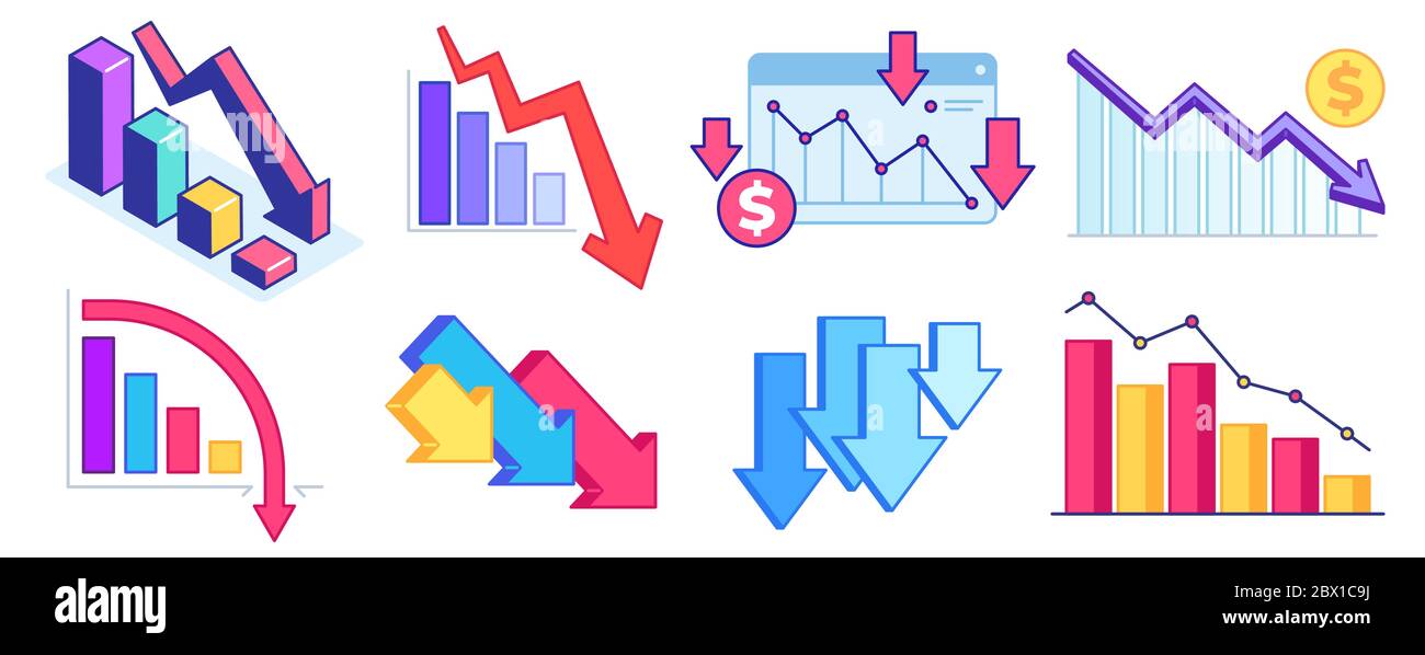 Fall down chart. Finance crisis, business problem and economy drop. Down arrow graph, loss and decrease income. Profit declining vector set Stock Vector