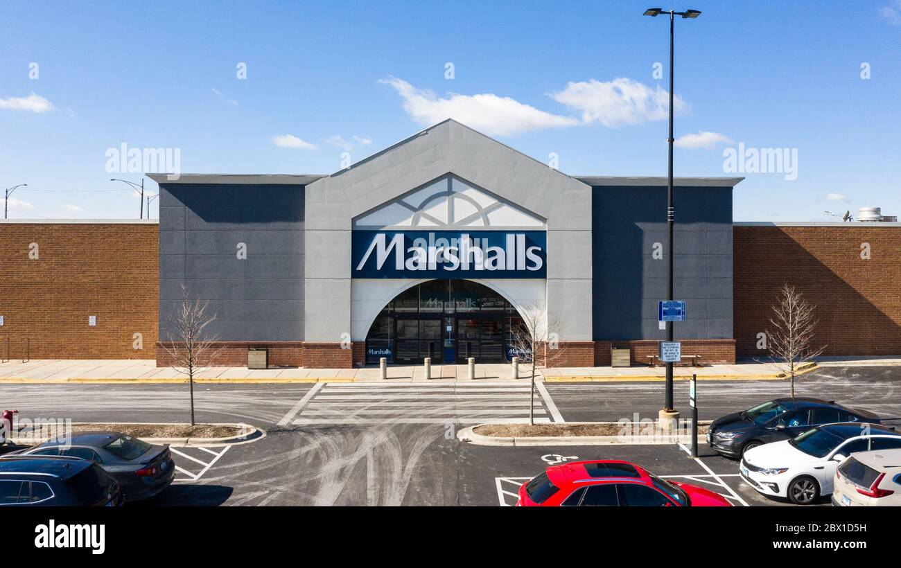 A drone / aerial shot of a Marshall's department store, which is owned by the TJX Companies. Stock Photo