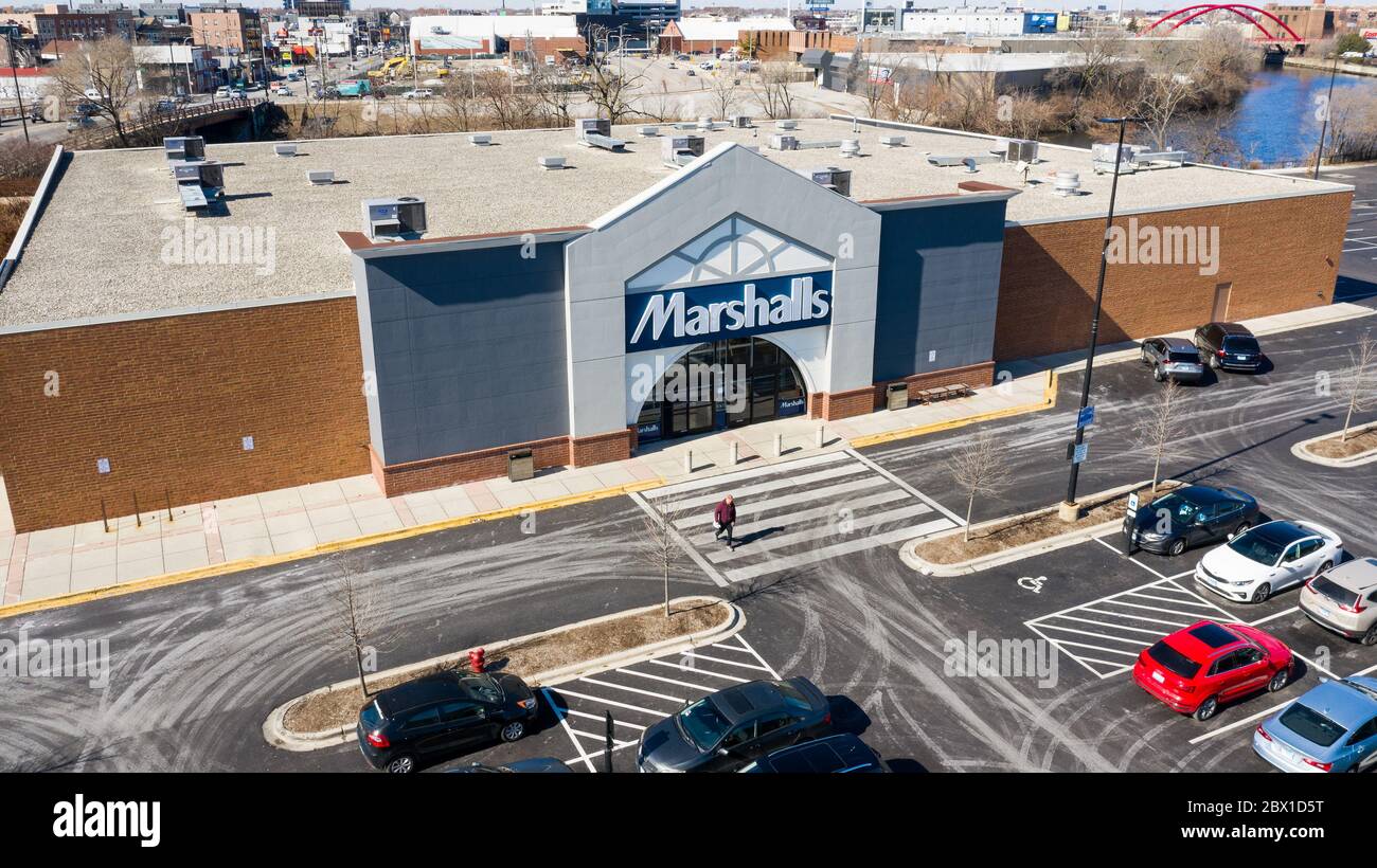 A drone / aerial shot of a Marshall's department store, which is owned by the TJX Companies. Stock Photo