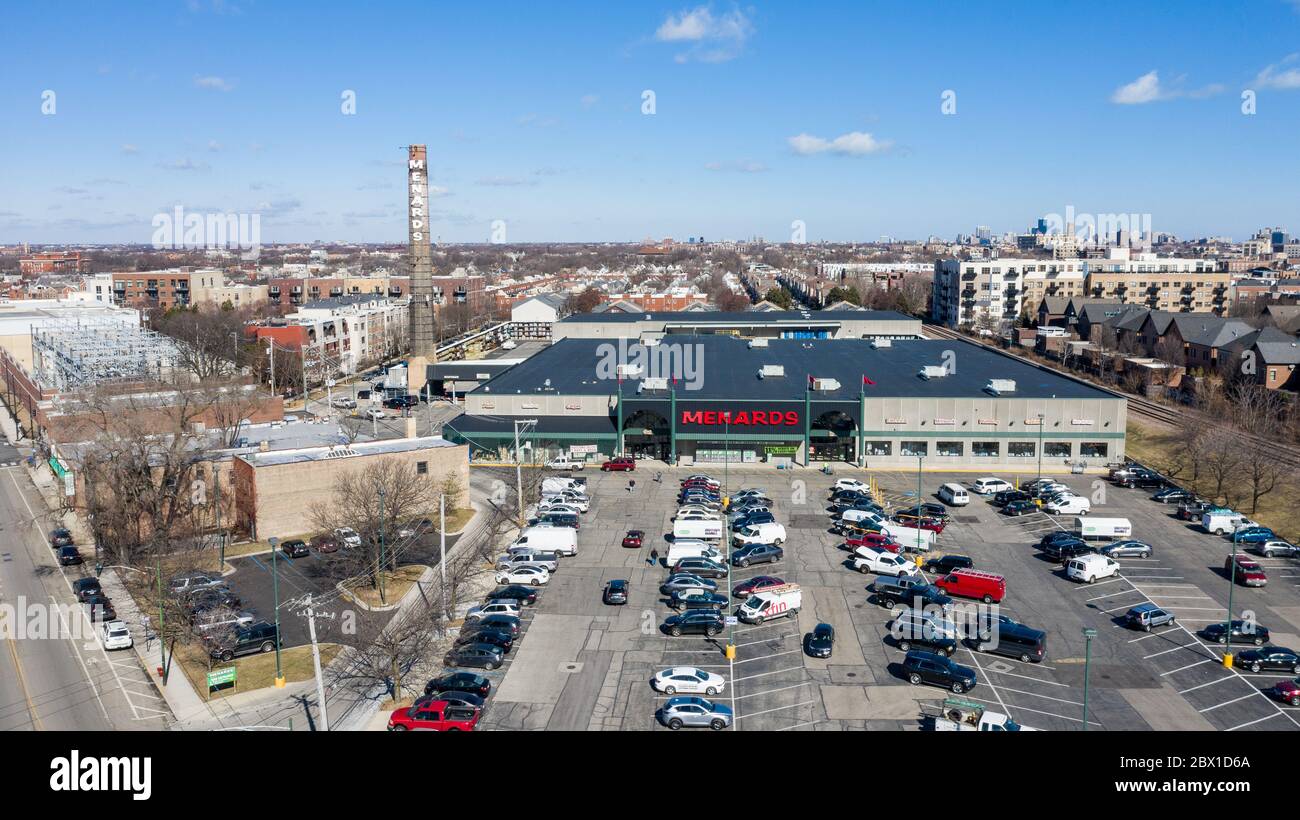 A drone / aerial view of Menards, a Midwestern large home improvement store chain that's based out of Wisconsin and has been family-owned since 1958. Stock Photo