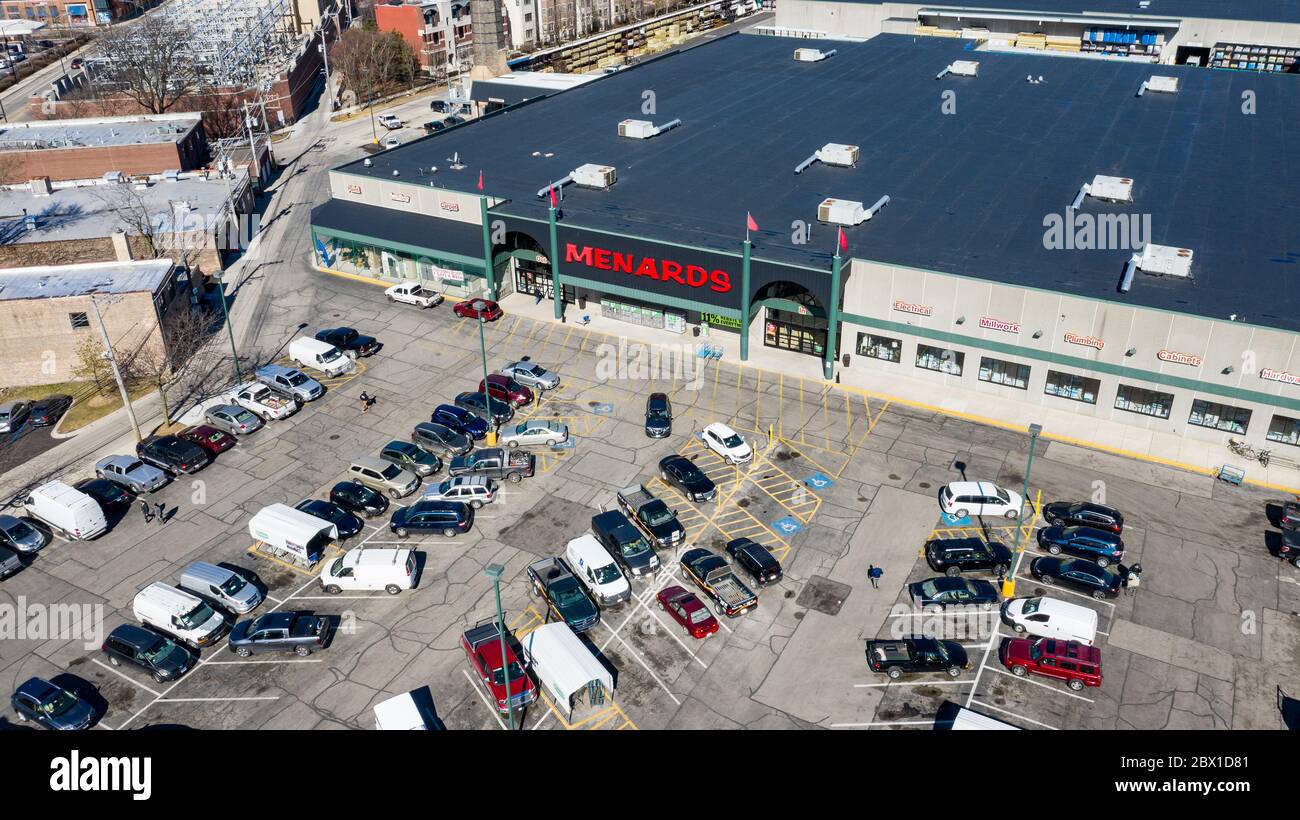 A drone / aerial view of Menards, a Midwestern large home improvement store chain that's based out of Wisconsin and has been family-owned since 1958. Stock Photo