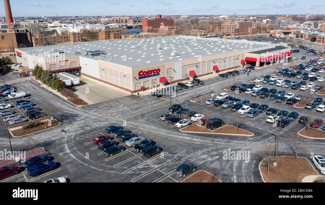 A drone / aerial view of a Costco store, one of the largest wholesale, membership only stores in the United States. Stock Photo
