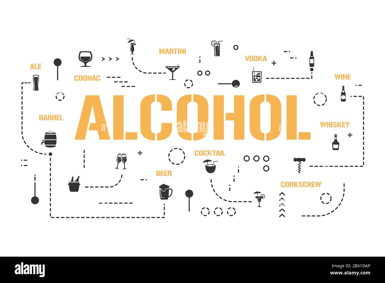 Alcohol word concepts banner. Different types of drinks. High grade beverage infographics
