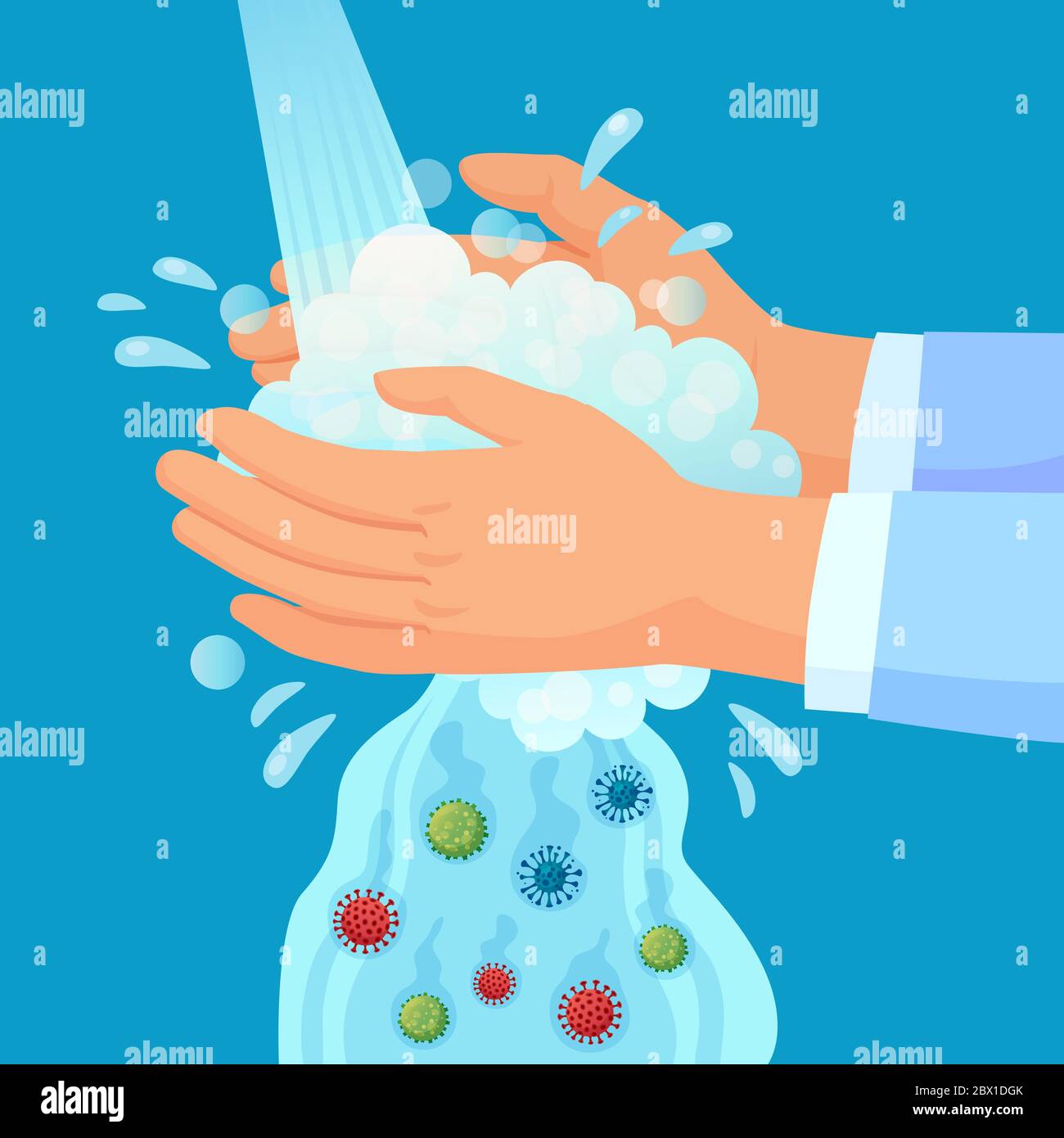 Hand washing. Personal hygiene propaganda, washing hands with soap under faucet with germs falling down. Covid virus prevention vector concept Stock Vector