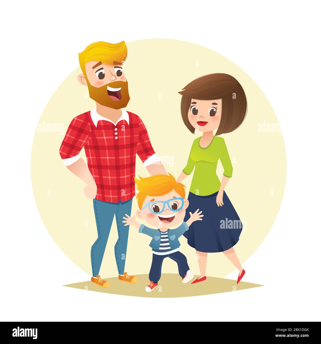 Vector cartoon family in casual clothes. Boy jumping and laughing with his mom and dad. Funny expressive characters design isolated on white backgroun Stock Photo