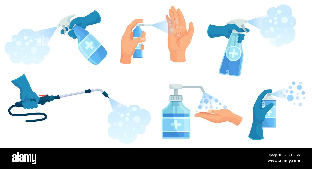 Disinfection spray in hand. Hands sanitizer, sprayed antiseptic and