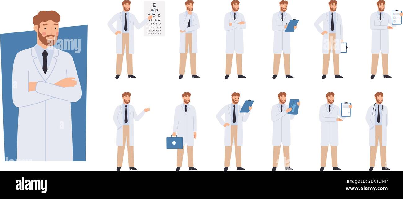 Doctor character in different poses. Doctors checklist, eye test and health care professional, radiologist and therapist vector set Stock Vector