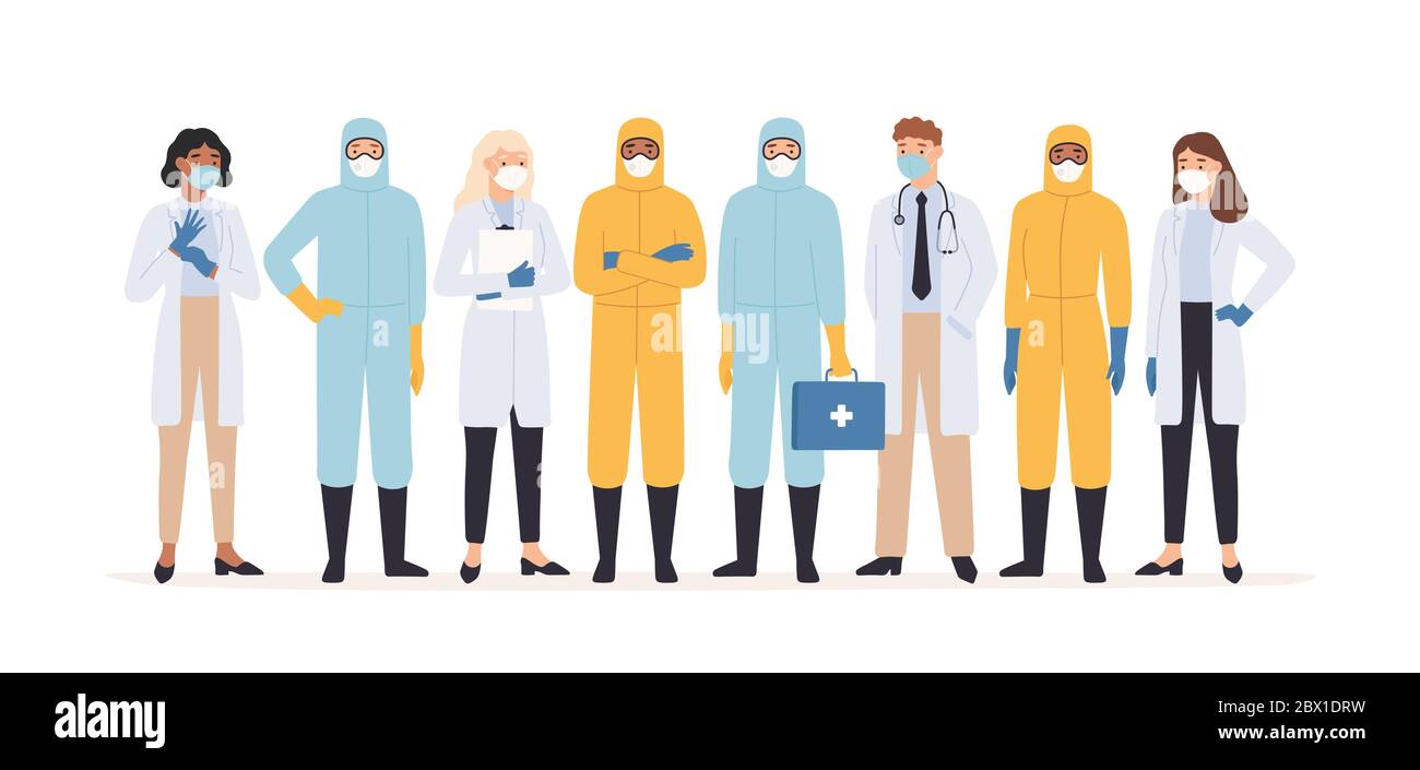 Medical workers. Professional doctors and nurses in protective suits standing together. Covid 19 virus outbreak pandemic vector concept Stock Vector