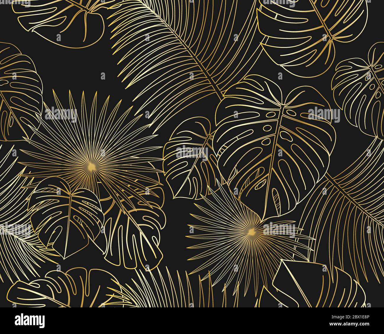 Seamless pattern of exotic jungle tropical golden palm leaves on black ...