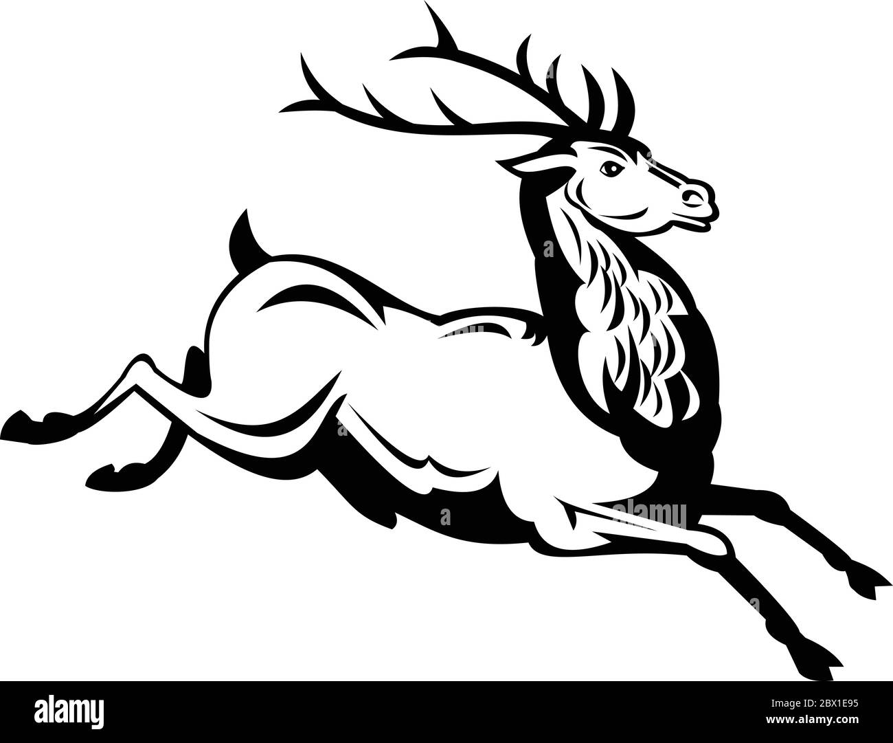 Retro style illustration of a red deer stag (Cervus elaphus), one of the largest deer species, running and jumping viewed from side on isolated backgr Stock Vector