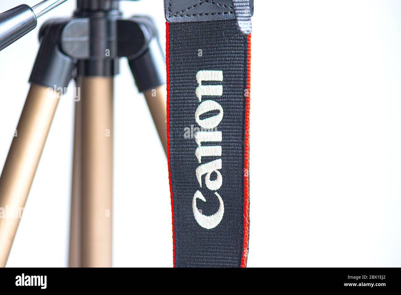 BERLIN - JUN 4: Close-up Canon camera belt or strap with Canon logotype in Berlin on June 04. 2020 in Germany Stock Photo