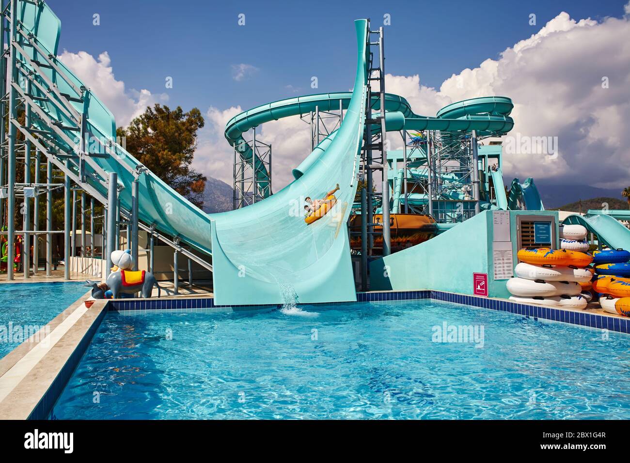 view of aquapark slides. water amusement park Dolusu. Stock Photo