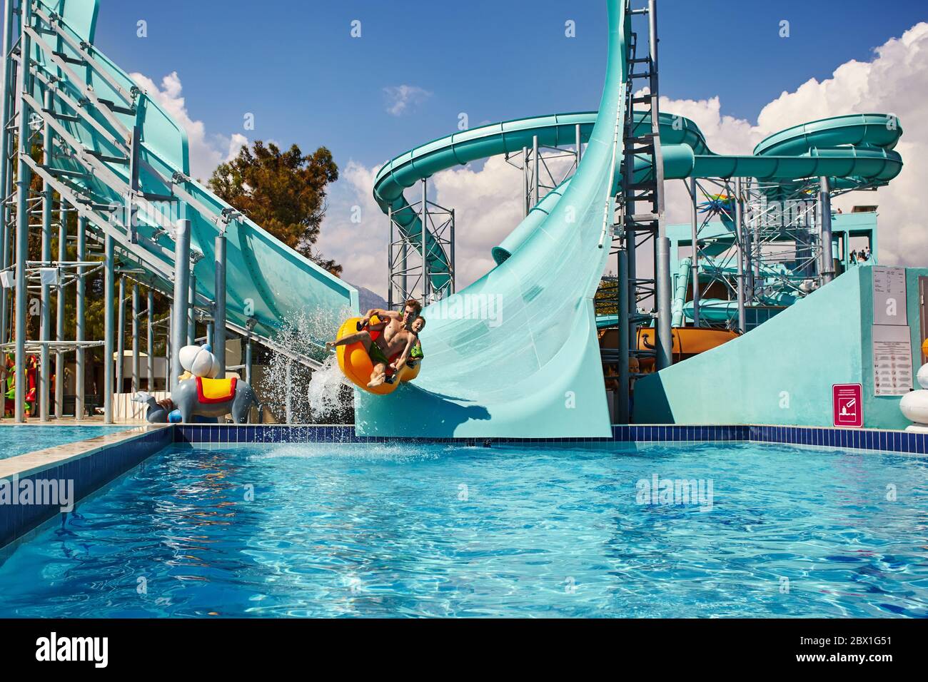 view of aquapark slides. water amusement park Dolusu. Stock Photo