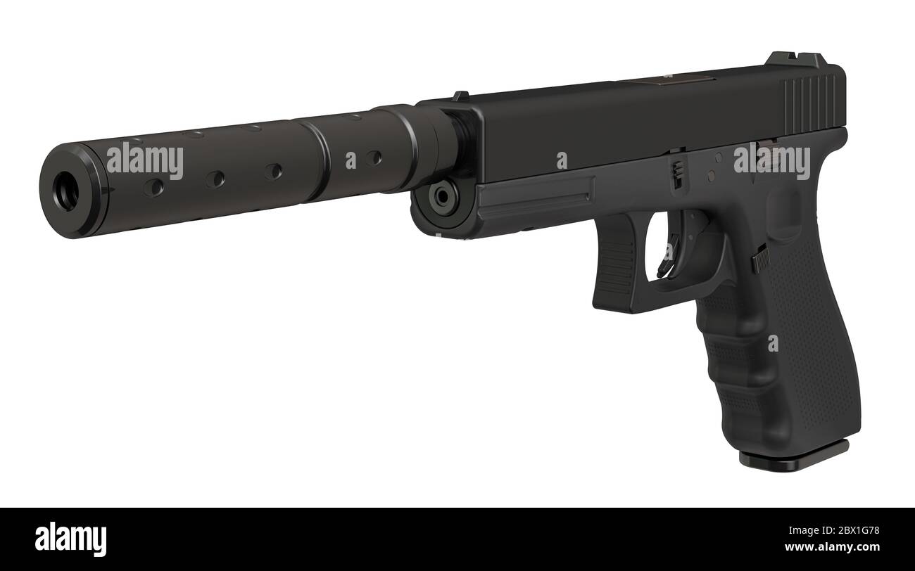 Silenced Pistol closeup. 3D rendering isolated on white background