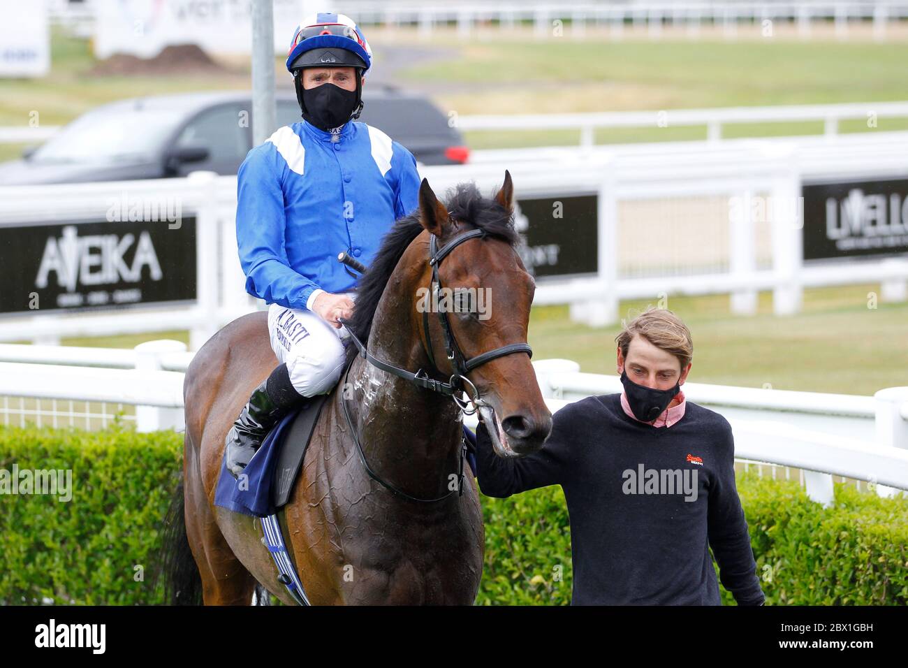 Al Salt and jockey Dane O'Neill after victory in the Betway Heed Your Hunch/British Stallion Studs EBF Novice Median Auction Stakes (Div 2) at Newcastle Racecourse. Stock Photo