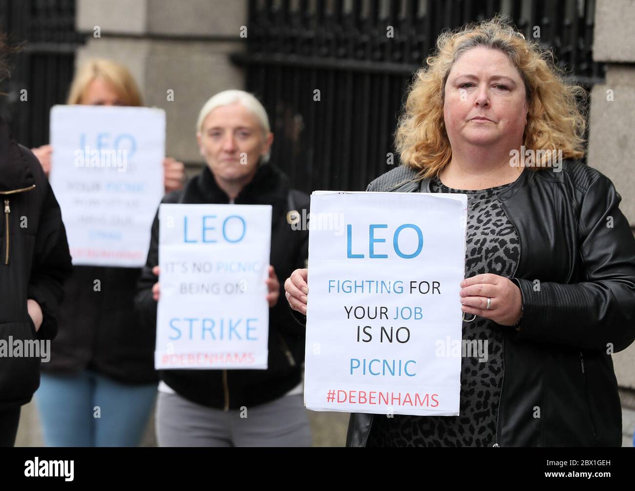 Shop steward Jane Crowe as Debenhams workers continue to protest outside Leinster House in Dublin after the announcement earlier this year of its liquidation with the loss in Ireland of over 1,000 jobs. Stock Photo
