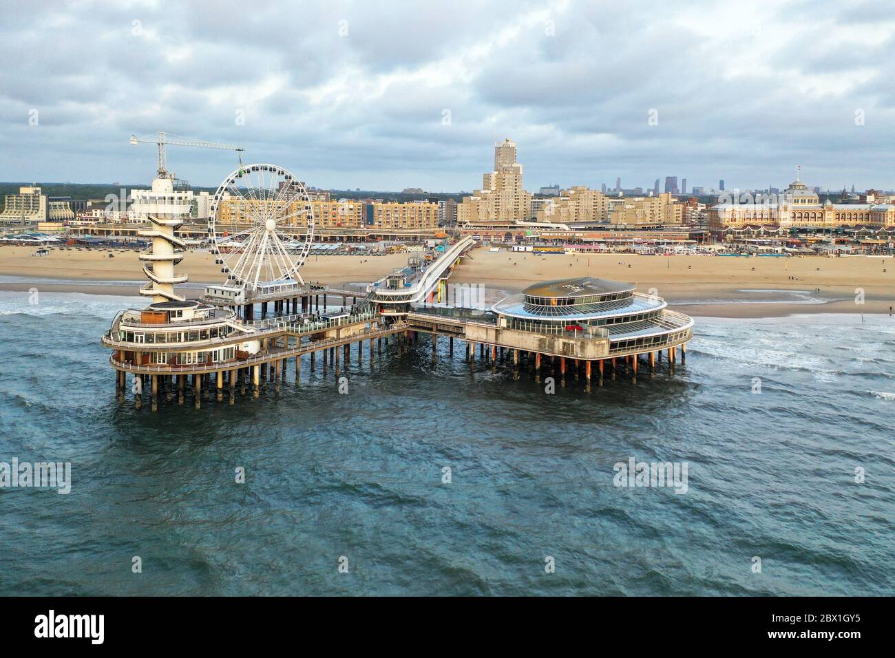 Aerial view of the beach and Pier of Scheveningen during COVID-19