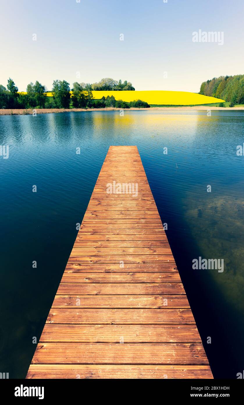 Wooden bridge on the lake in spring Stock Photo