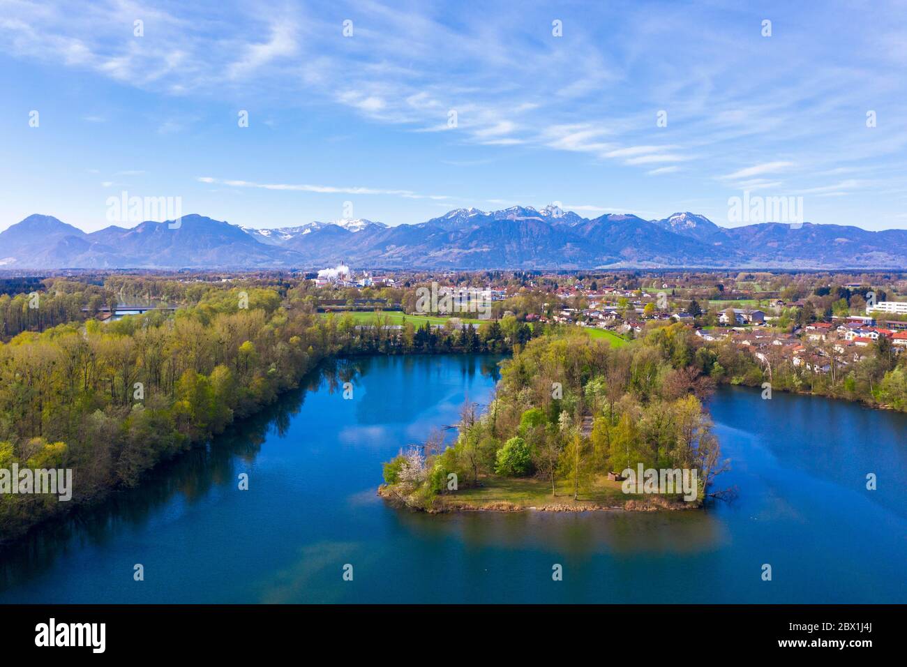 Lake Happingen, Raubling, Inn Valley, County Rosenheim, drone shot, Alpine foreland, Upper Bavaria, Bavaria, Germany Stock Photo