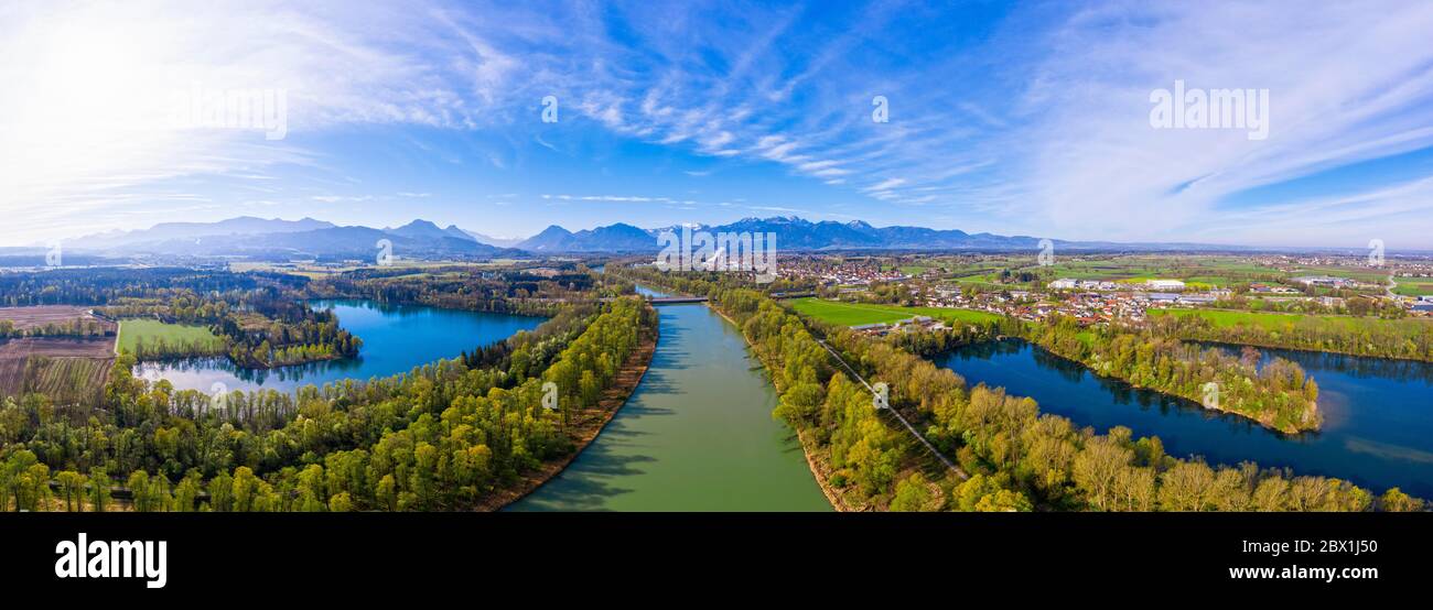 Panorama of the Inn Valley, Hochstrasser See and Happinger See, Raubling, Rosenheim County, drone shot, foothills of the Alps, Upper Bavaria Stock Photo