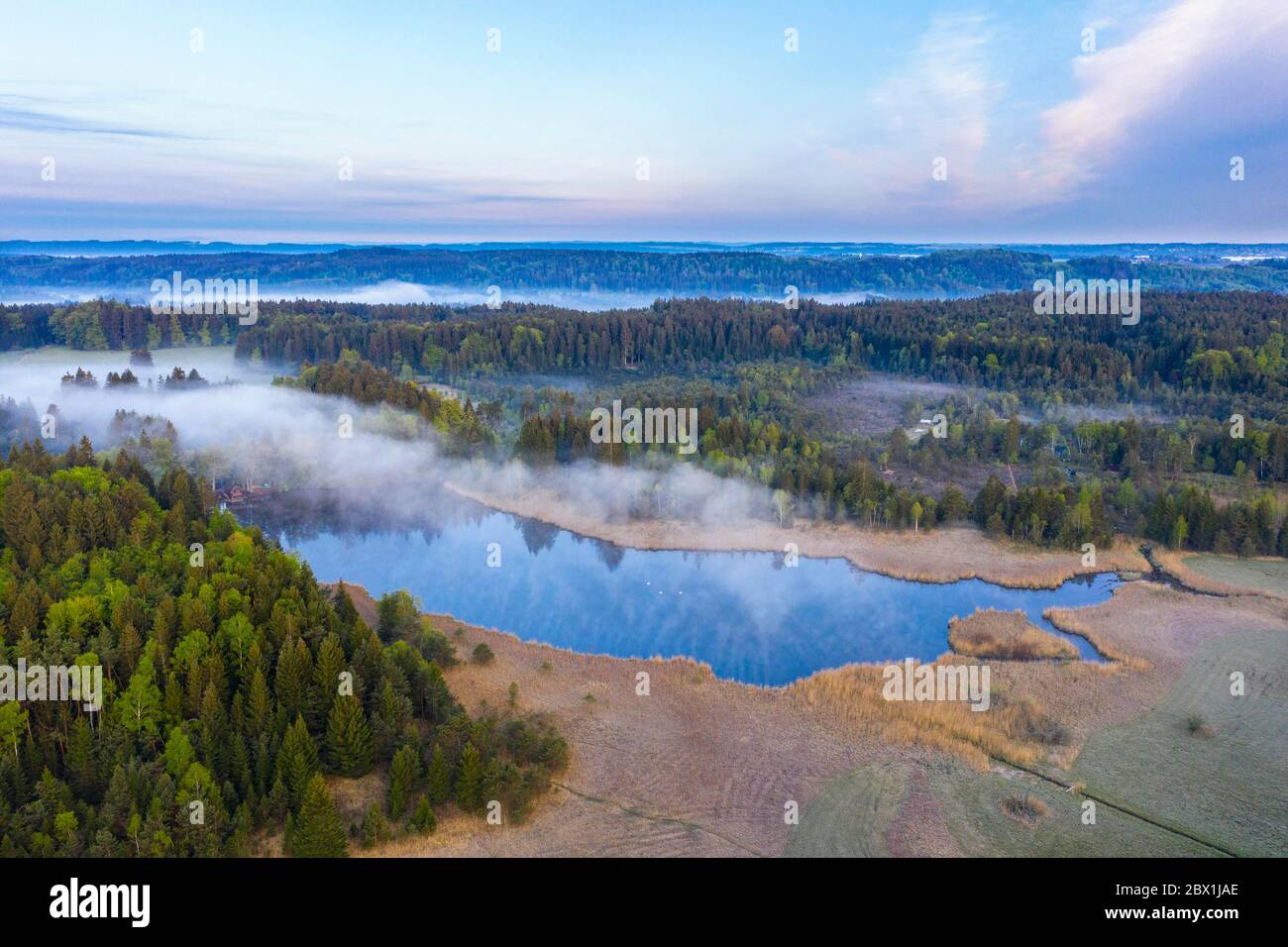 Mooshamer pond in the Spatenbraeufilz, moorland near Egling, Toelzer Land, drone shot, Upper Bavaria, Bavaria, Germany Stock Photo