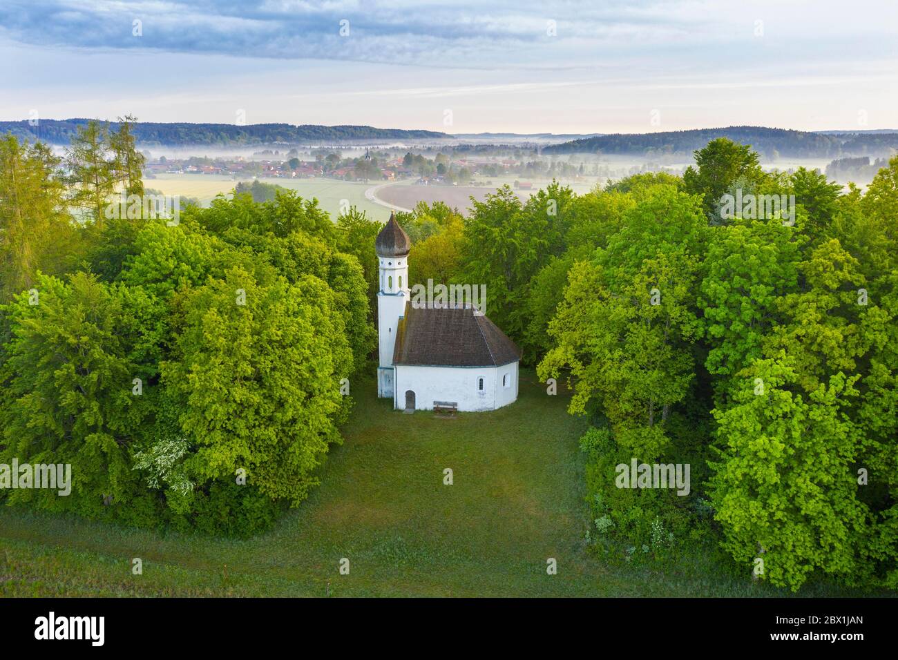 Chapel St. Georg, Schimmel Chapel, Ascholding near Dietramszell, Toelzer Land, drone shot, Upper Bavaria, Bavaria, Germany Stock Photo