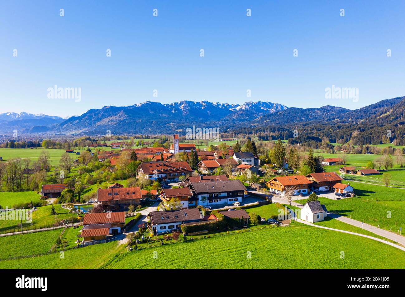 Wackersberg, in the back mountains Brauneck and Benediktenwand, Isarwinkel, drone shot, Upper Bavaria, Bavaria, Germany Stock Photo