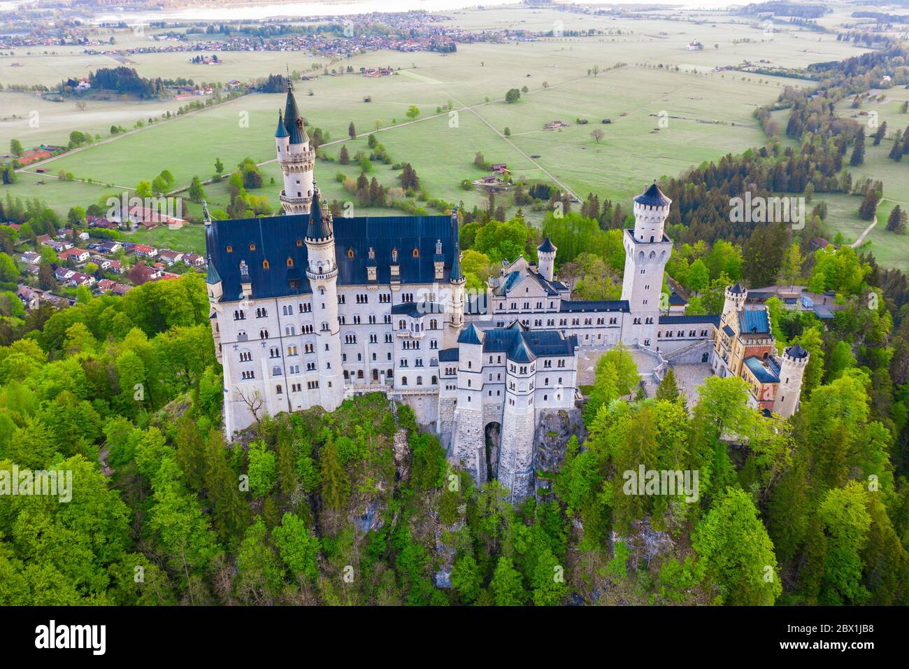 Neuschwanstein Castle, near Schwangau, drone shot, East Allgaeu, Allgaeu, Swabia, Bavaria, Germany Stock Photo