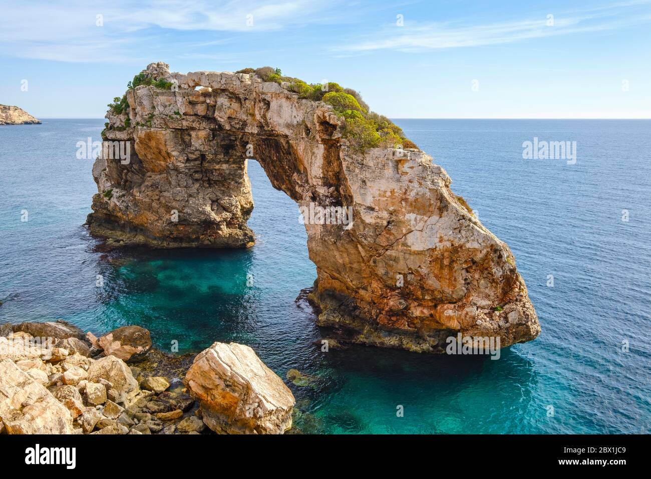 Rock gate Es Pontas in the sea, near Cala Santayi, near Santanyi, Migjorn region, Majorca, Balearic Islands, Spain Stock Photo