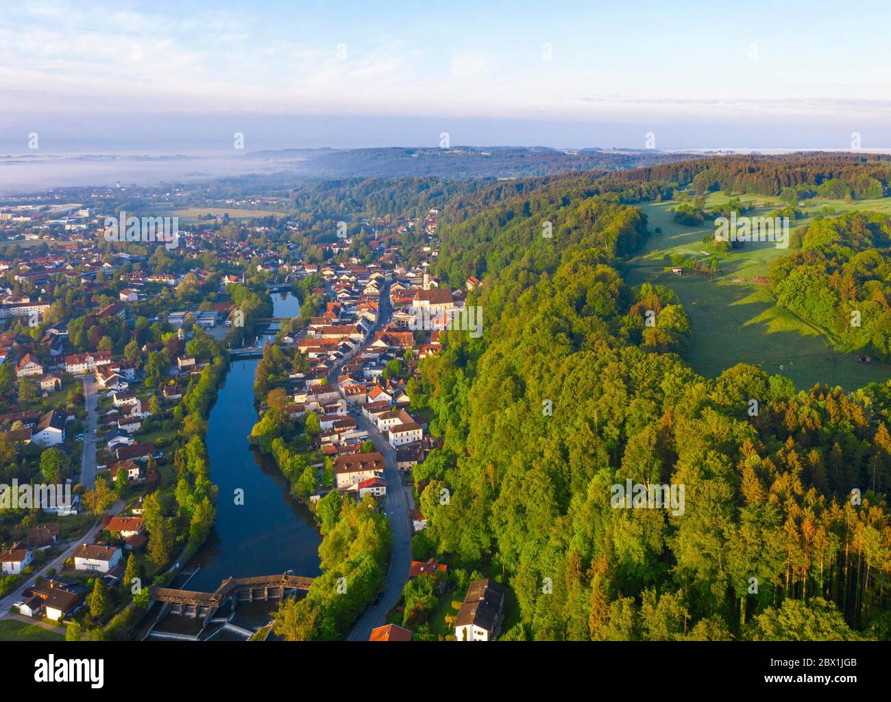 Wolfratshausen, old town with Loisach and mountain forest, Toelzer Land, drone shot, Upper Bavaria, Bavaria, Germany Stock Photo