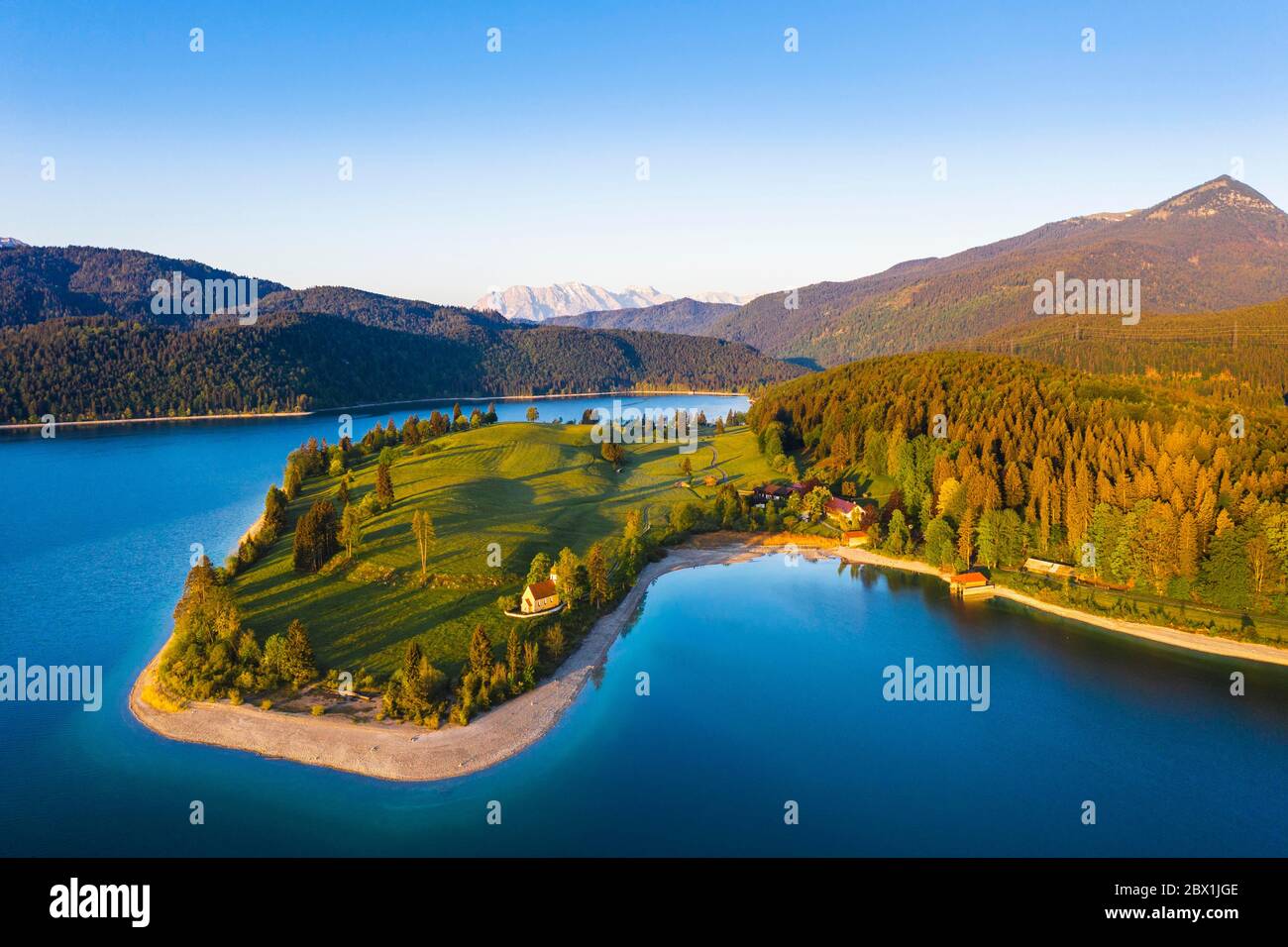 Walchensee with peninsula dwarfs in the morning light, drone shot, Upper Bavaria, Bavaria, Germany Stock Photo